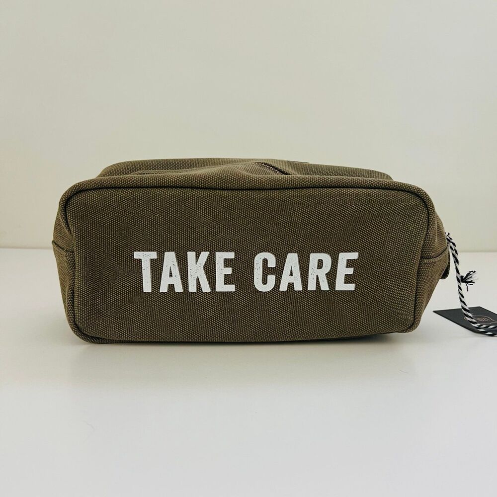 IZOLA Khaki Dopp Kit Cosmetic Travel Shaving Shave Bag Tote - "TAKE CARE"